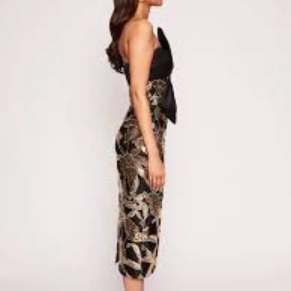 Marchessa Notte Lotus black gold floral sequin bow cocktail holiday midi dress 6 - Picture 3 of 8